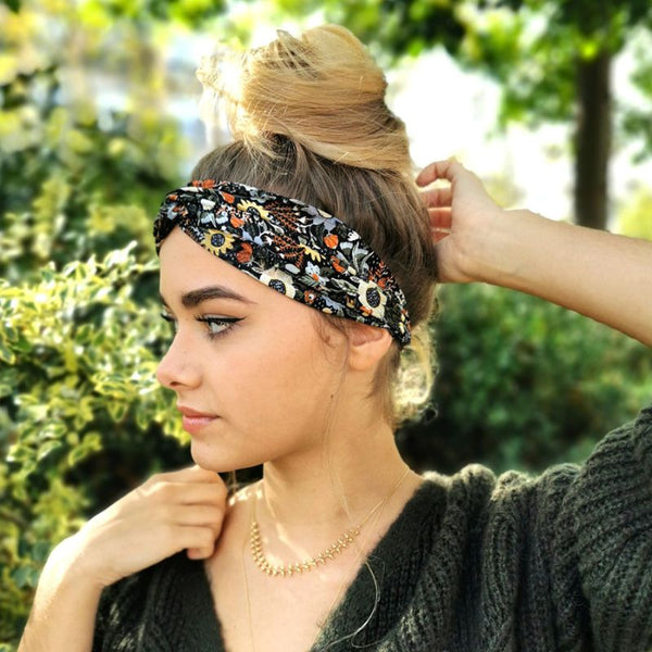 Headband upcyclé Soline imprimé fleurs kaki et terracotta - Laure Derrey Laure Derrey Hersée Paris 9